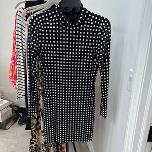 Black and White Midi Sheath Dress with Puff Sleeves and Mock Neck for Cocktail